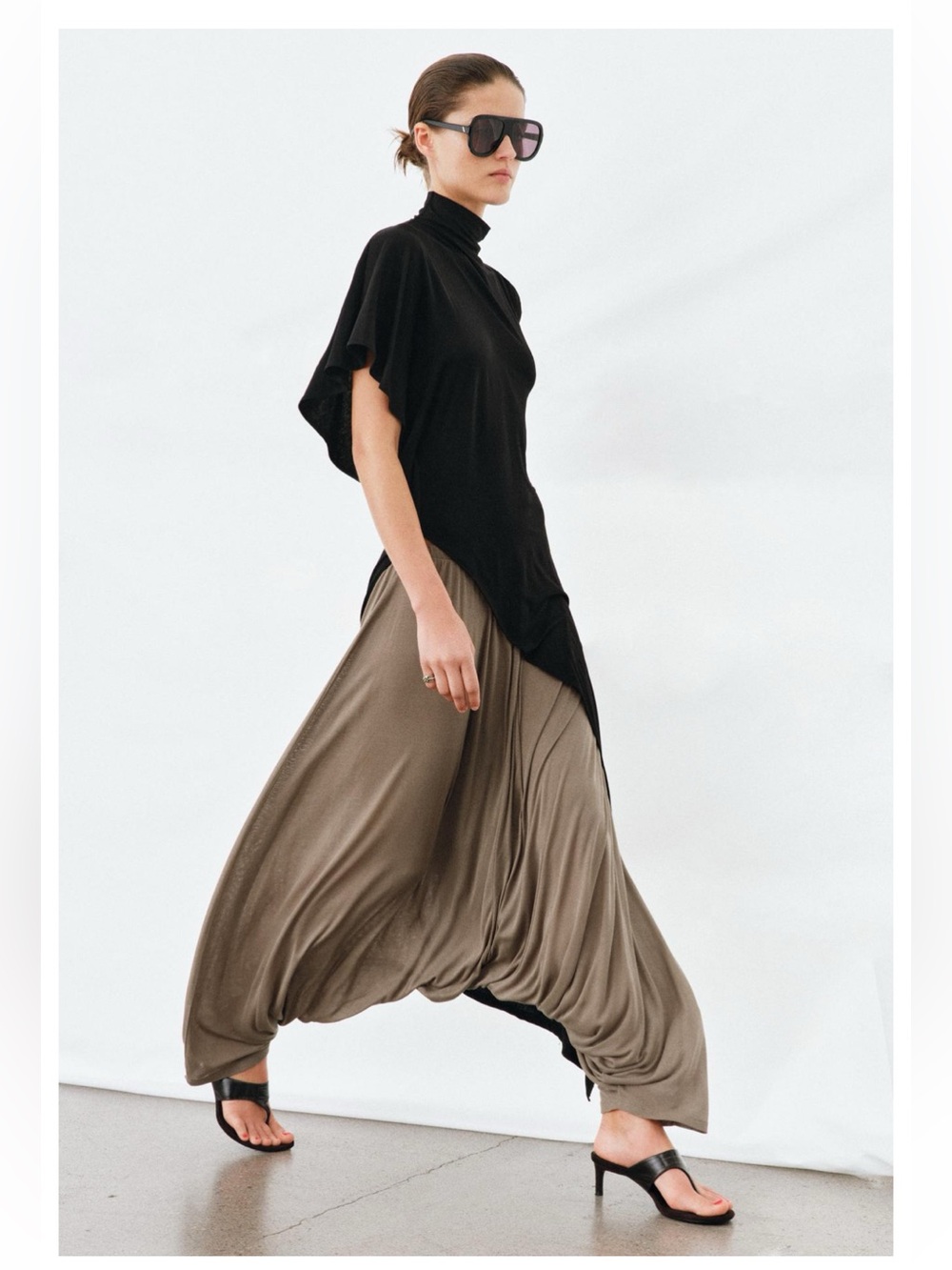 Zara Wide-Leg Draped Harem Pants - Taupe & Black